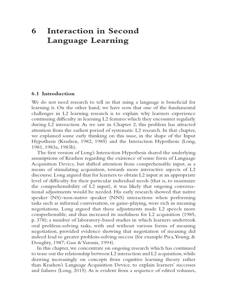 Interaction Hypothesis in L2 Learning | PDF | Second Language | Human ...