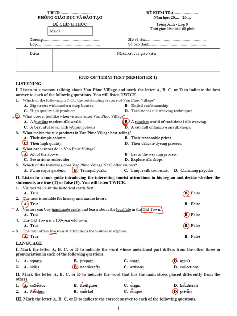 English Test for 9th Grade Students | PDF