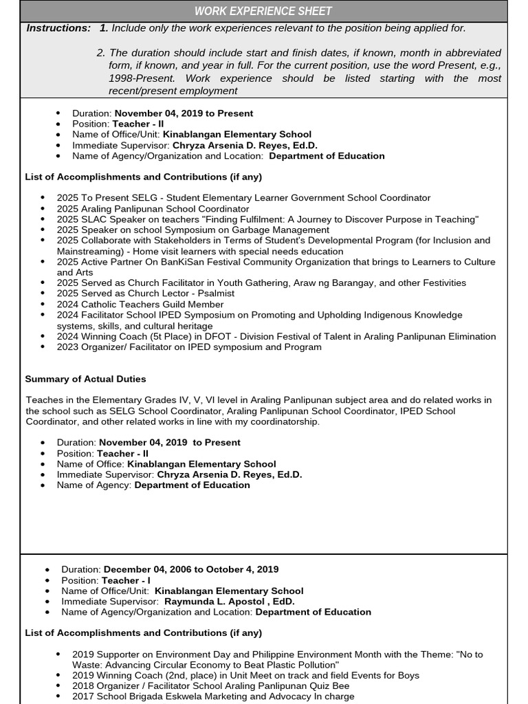 CS Form No. 212 Attachment - Work Experience Sheet (FINAL COPY) | PDF ...