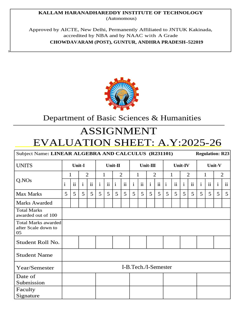 Linear Algebra & Calculus Assignment 2025-26 | PDF | Matrix ...
