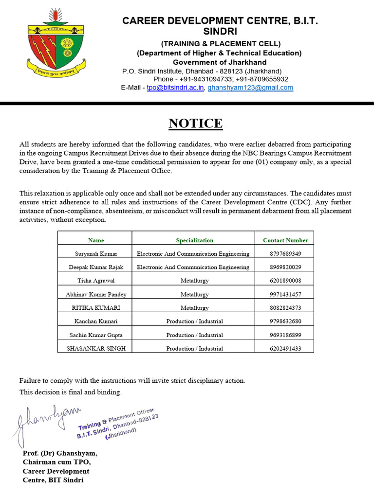 BIT Sindri Campus Recruitment Notice | PDF