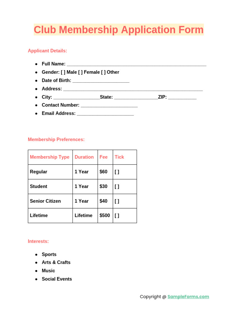 Club Membership Application Form | PDF
