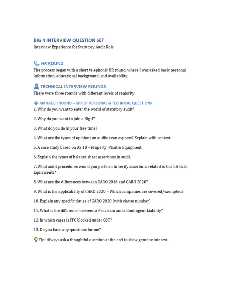 Big 4 Statutory Audit Interview Guide | PDF | Audit | Business Economics