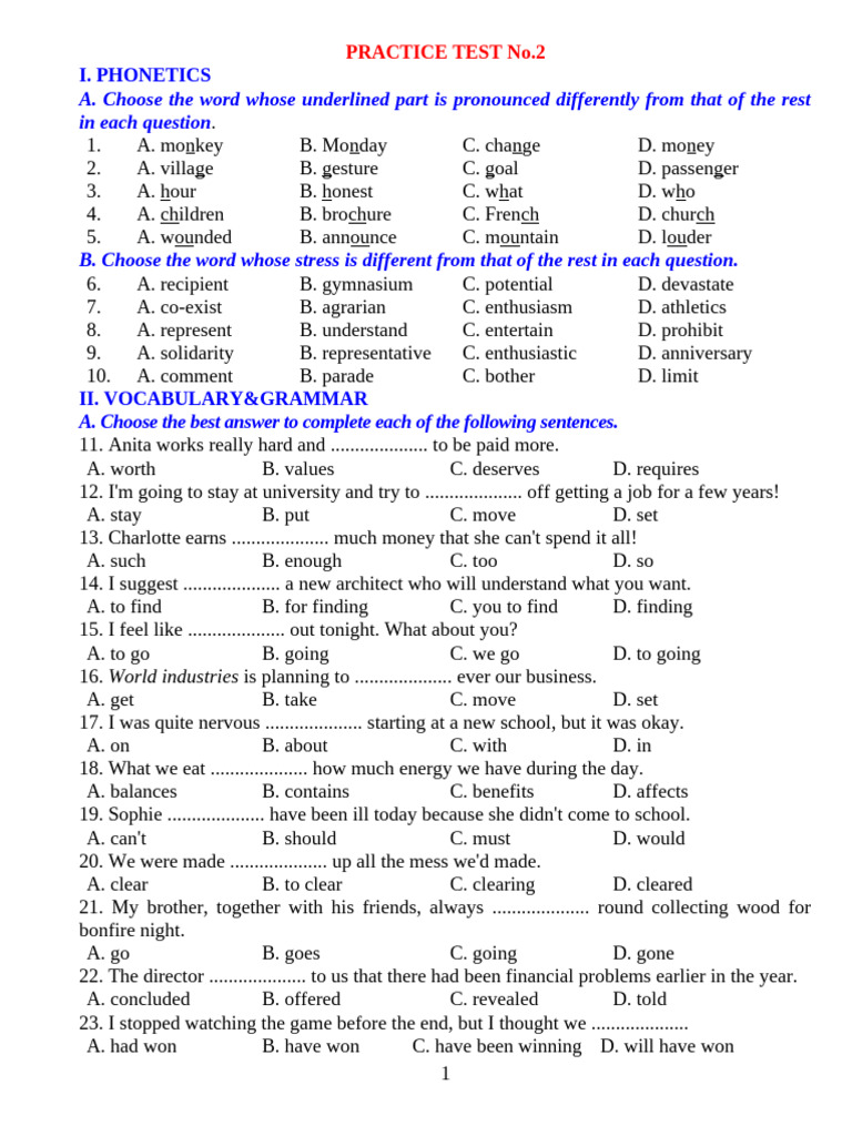 Phonetics and Vocabulary Practice Test | PDF | Body Language ...