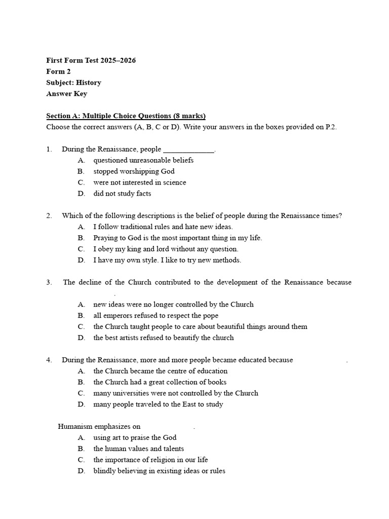 History Test Answer Key 2025-26 | PDF | Renaissance | Trade