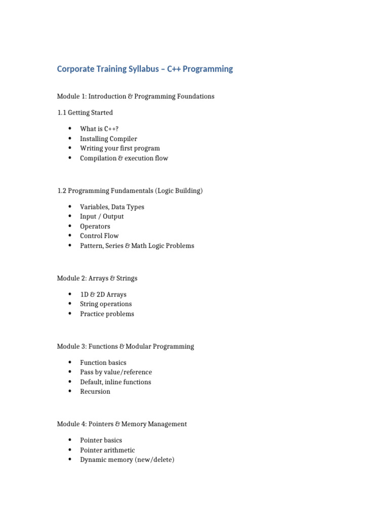 C++ Programming Corporate Training Syllabus | PDF