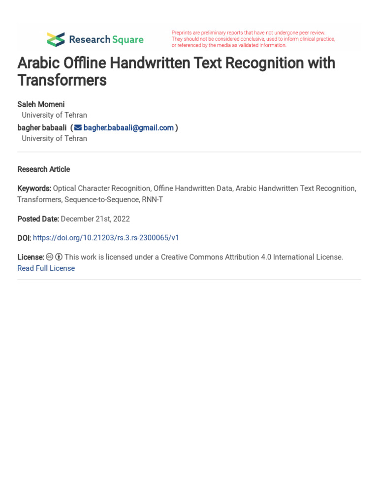 Arabic Handwritten Text Recognition with Transformers | PDF | Applied ...
