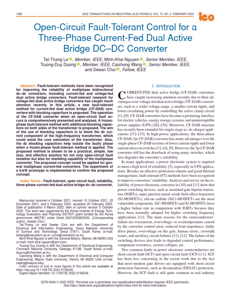 Open-Circuit Fault-Tolerant Control For A Three-Phase Current-Fed Dual ...