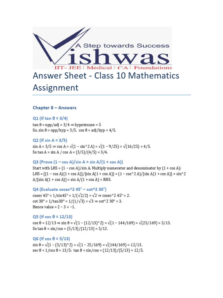Class 10 Math Assignment Answers | PDF