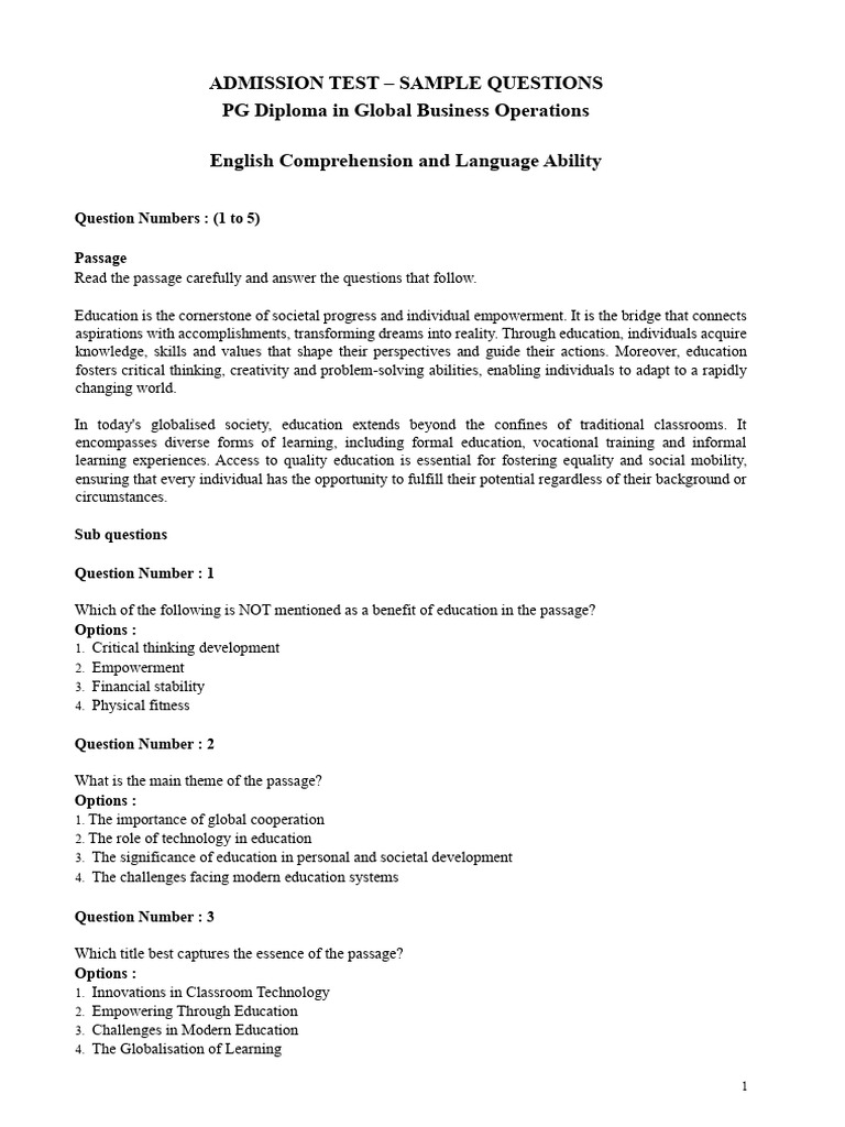 Admission Test Sample Questions for PG Diploma | PDF | Museum
