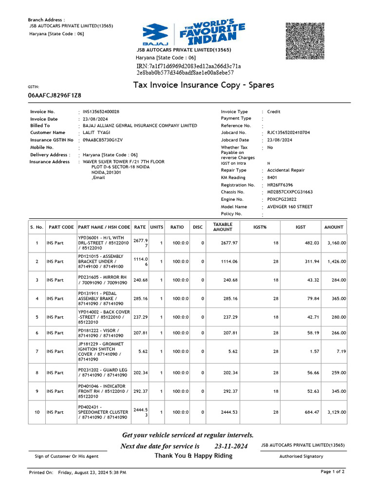 JSB Autocars Insurance Invoice Details | PDF | Land Vehicles | Wheeled ...