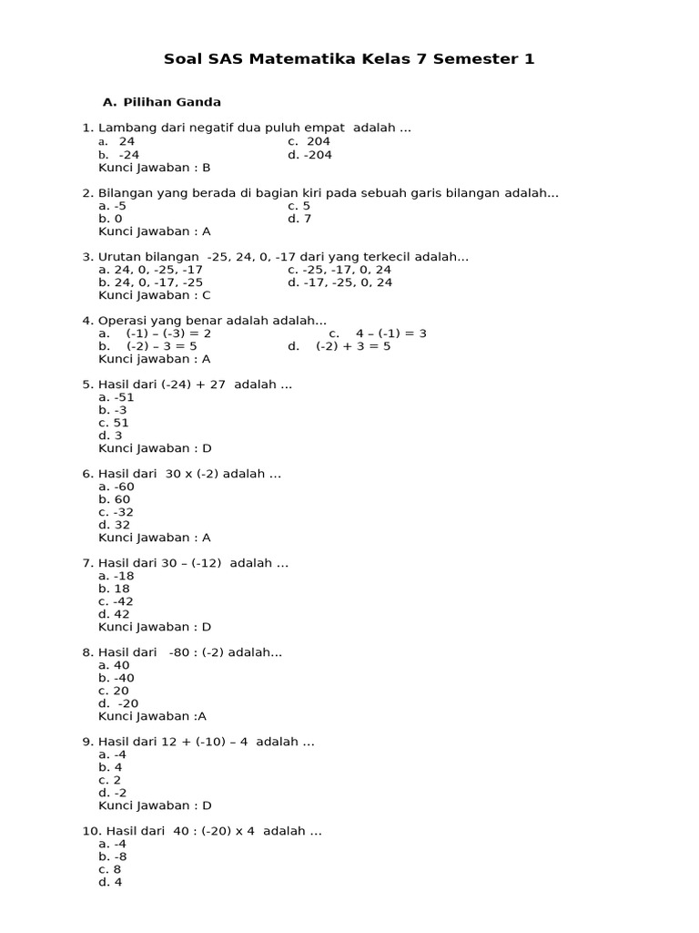 Soal SAS Math Kelas 7 SMSTR 1 | PDF