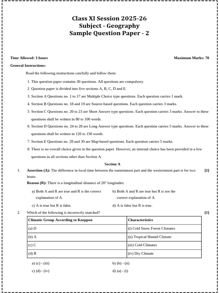 Geography Sample Question Paper 2025-26 | PDF | Troposphere ...