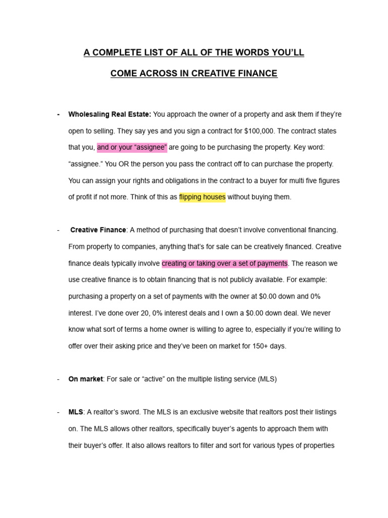 Creative Finance Terms Explained | PDF | Foreclosure | Debt