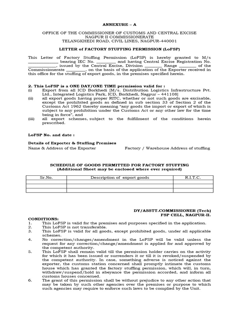 Annexures PN For LoFSP - Borkhedi | PDF | Customs | Excise