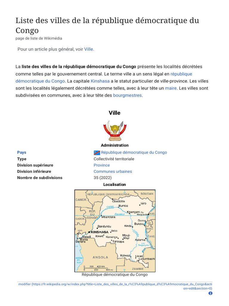 Villes de la République Démocratique du Congo | PDF | République ...