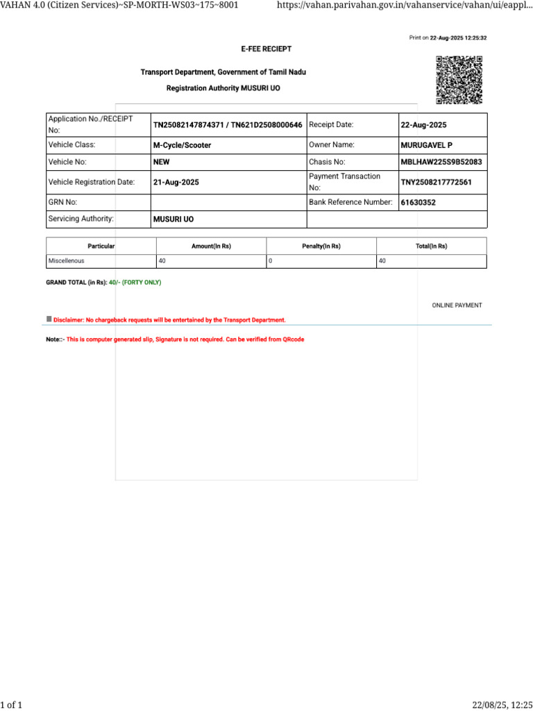 Vehicle Registration Payment Receipt | PDF