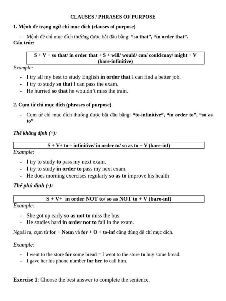Purpose Clauses and Phrases Explained | PDF | Linguistics