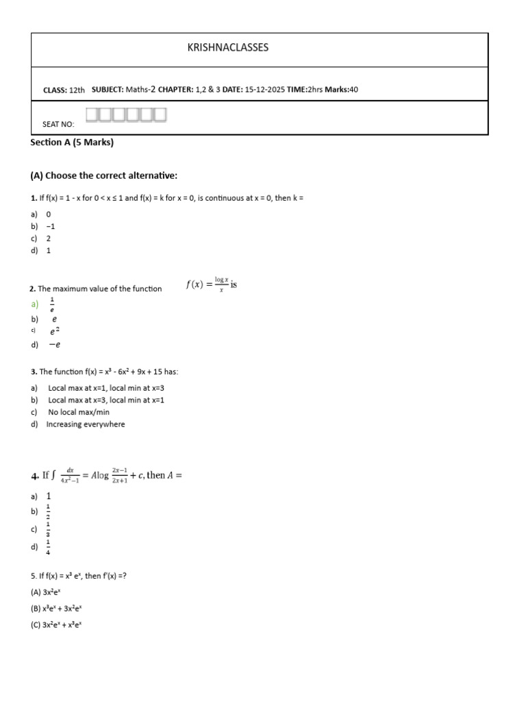12th Grade Maths-2 Exam Questions | PDF | Mathematical Physics ...