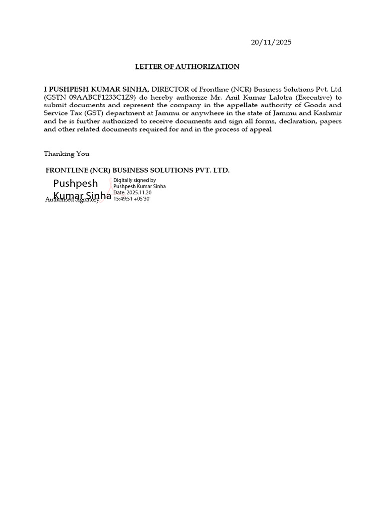 GST Authorization Letter for Appeal | PDF