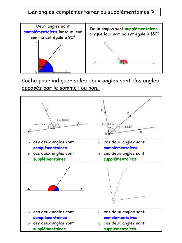 Angles Complémentaires et Supplémentaires | PDF | Géométrie | Géométrie ...