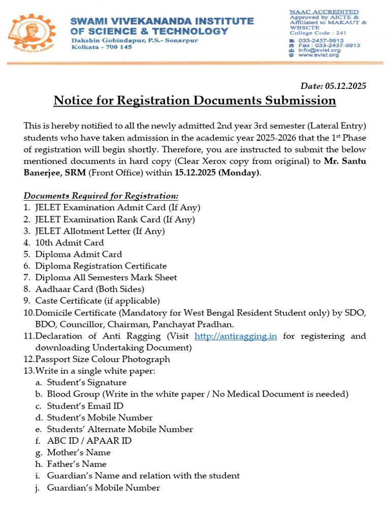 Registration Notice for Lateral Entry Students | PDF