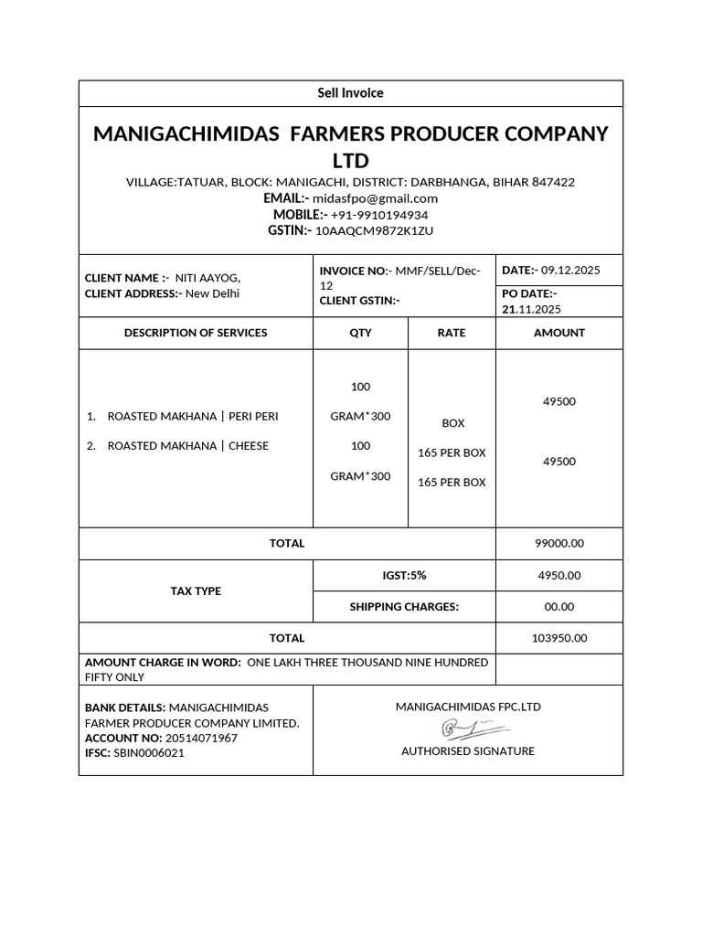 Invoice for Roasted Makhana Sale | PDF