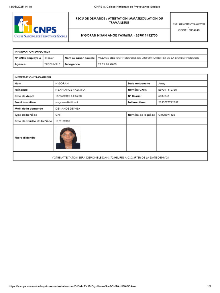Attestation d'immatriculation CNPS 2025 | PDF