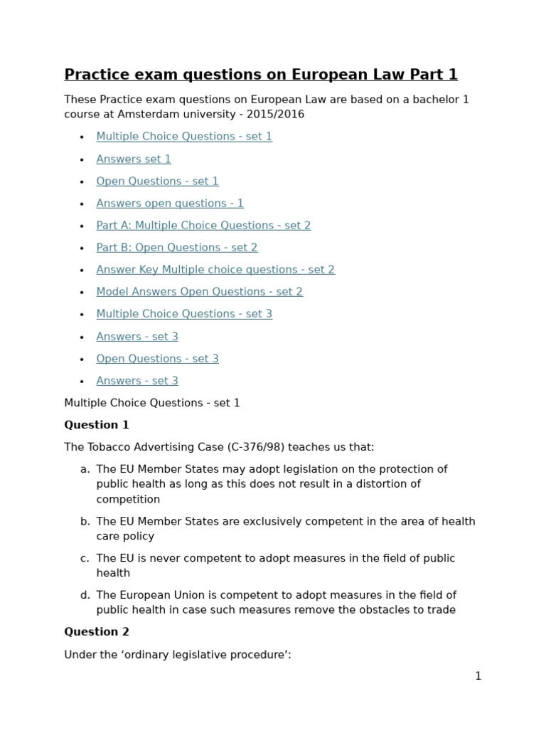 European Law Practice Exam Questions | PDF | European Court Of Justice ...