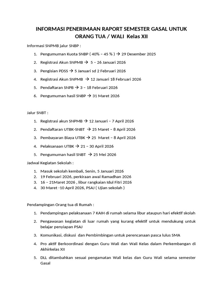 Panduan Penerimaan Raport Kelas XII 2026 | PDF