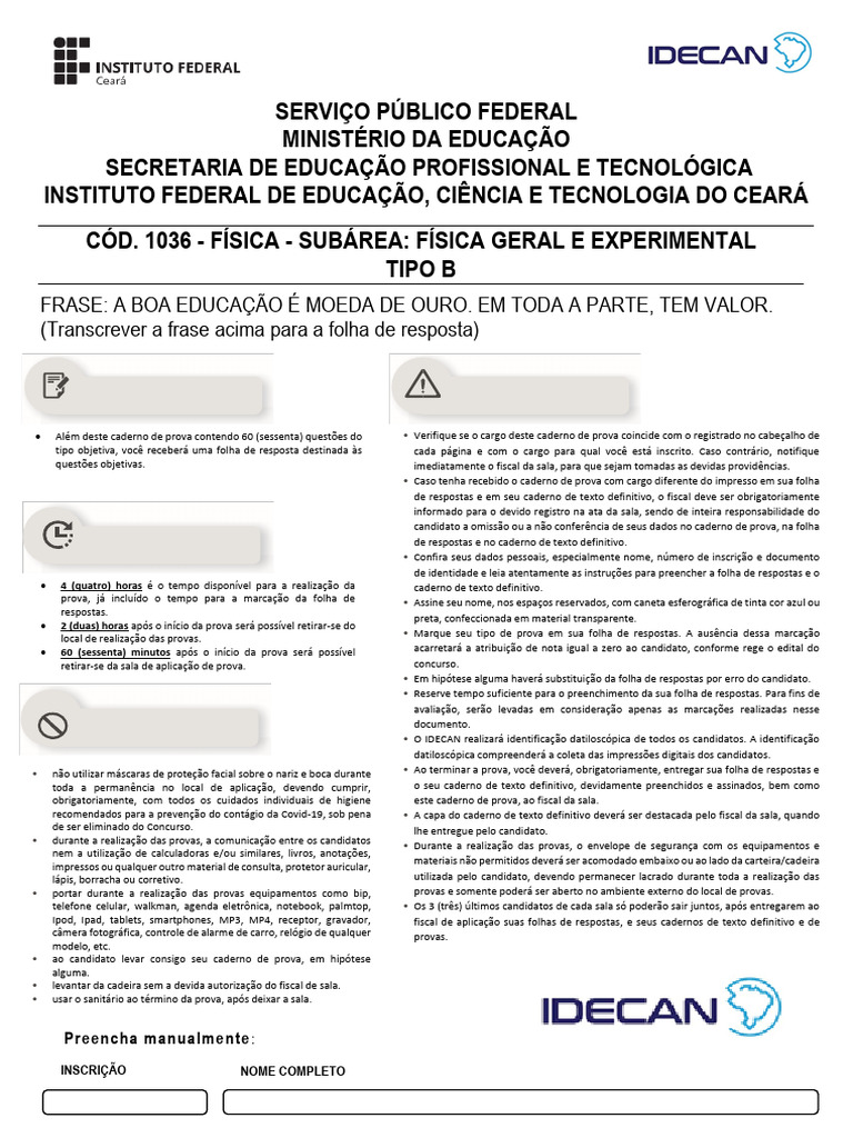 IDECAN IFCE 2022- PROVA Reaplicação Física Geral e Experimental TIPO B ...