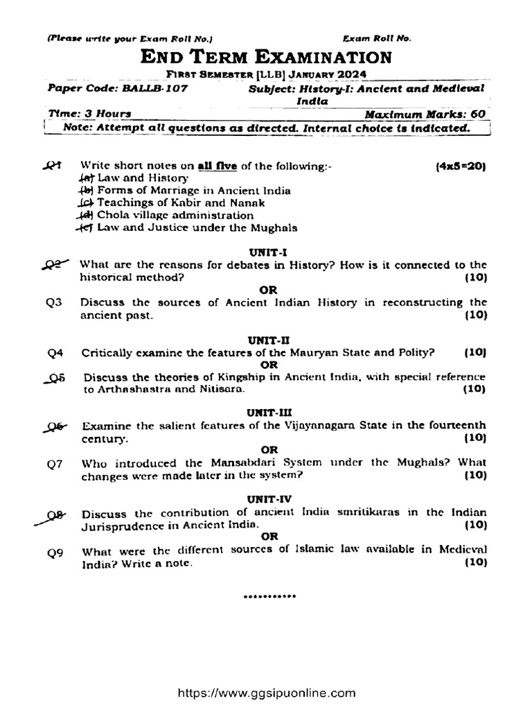 Jan LLB 1 Sem History 1 Ancient and Medieval India Ballb 107 Jan 2024 | PDF