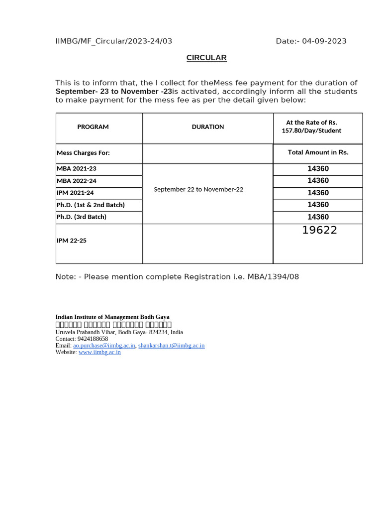 IIM Bodh Gaya Mess Fee Circular 2023 | PDF