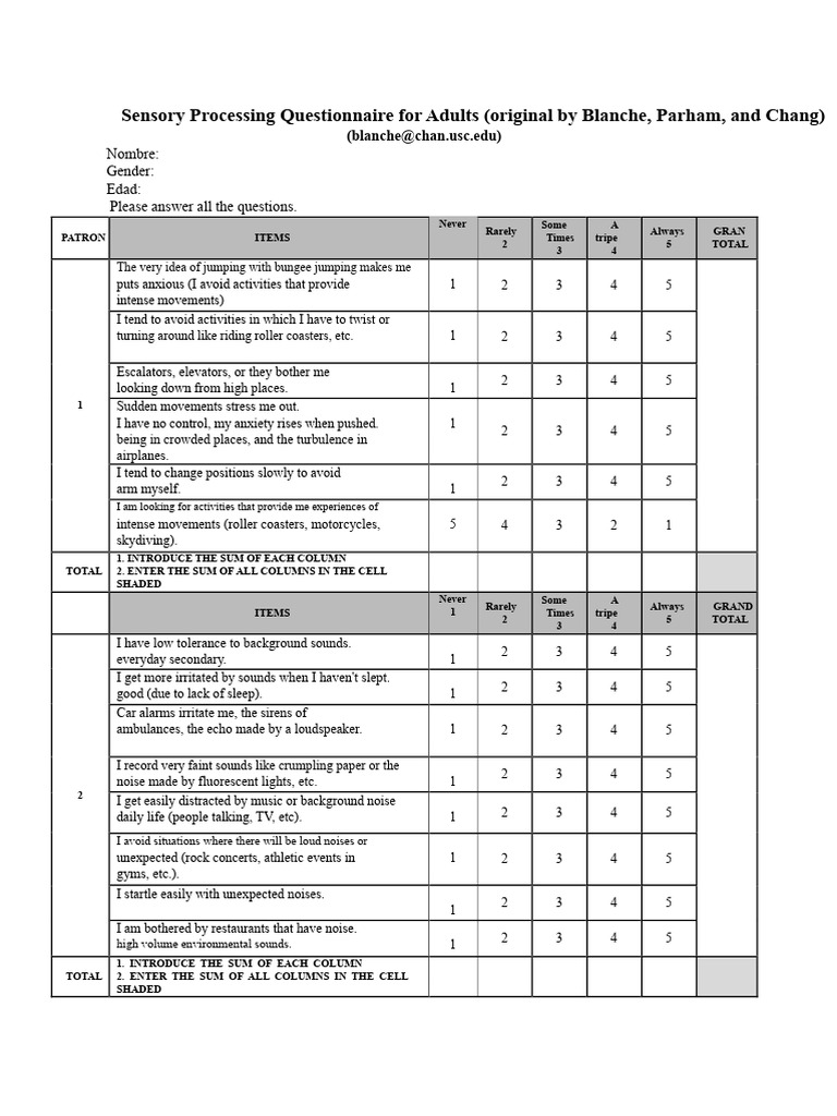 Adult Sensory Processing Questionnaire | PDF