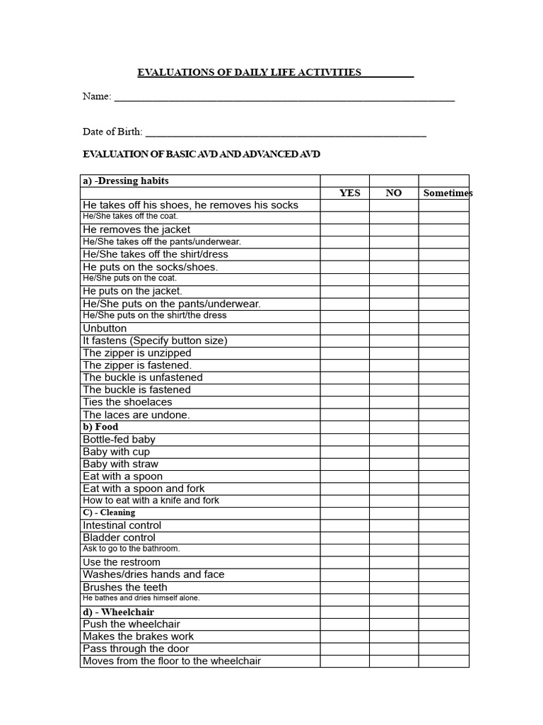 Evaluations of Daily Life Activities | PDF