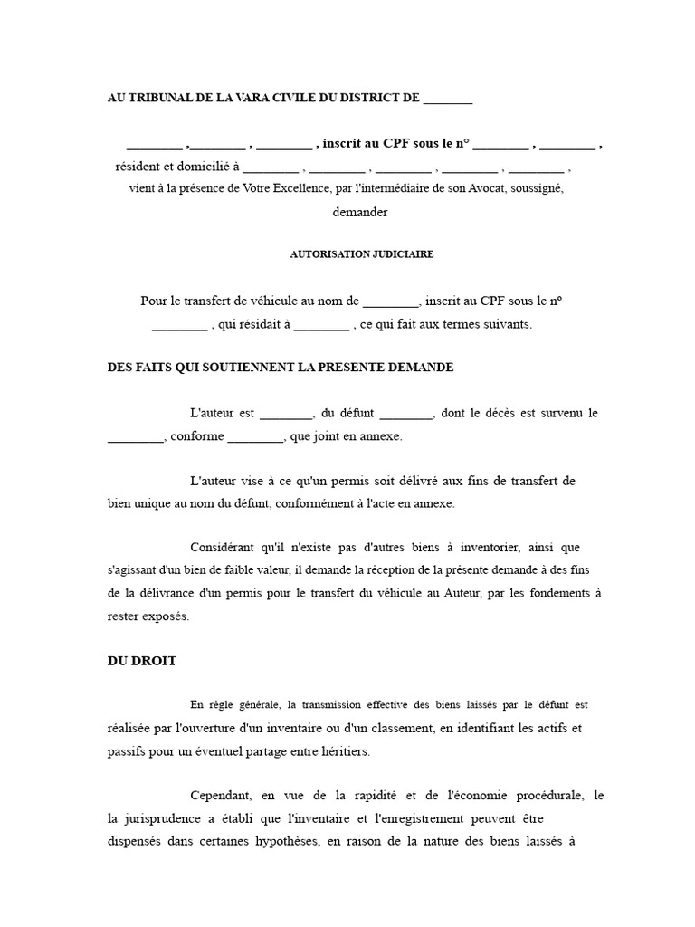 Autorisation judiciaire pour transfert de véhicule | PDF | Justice ...