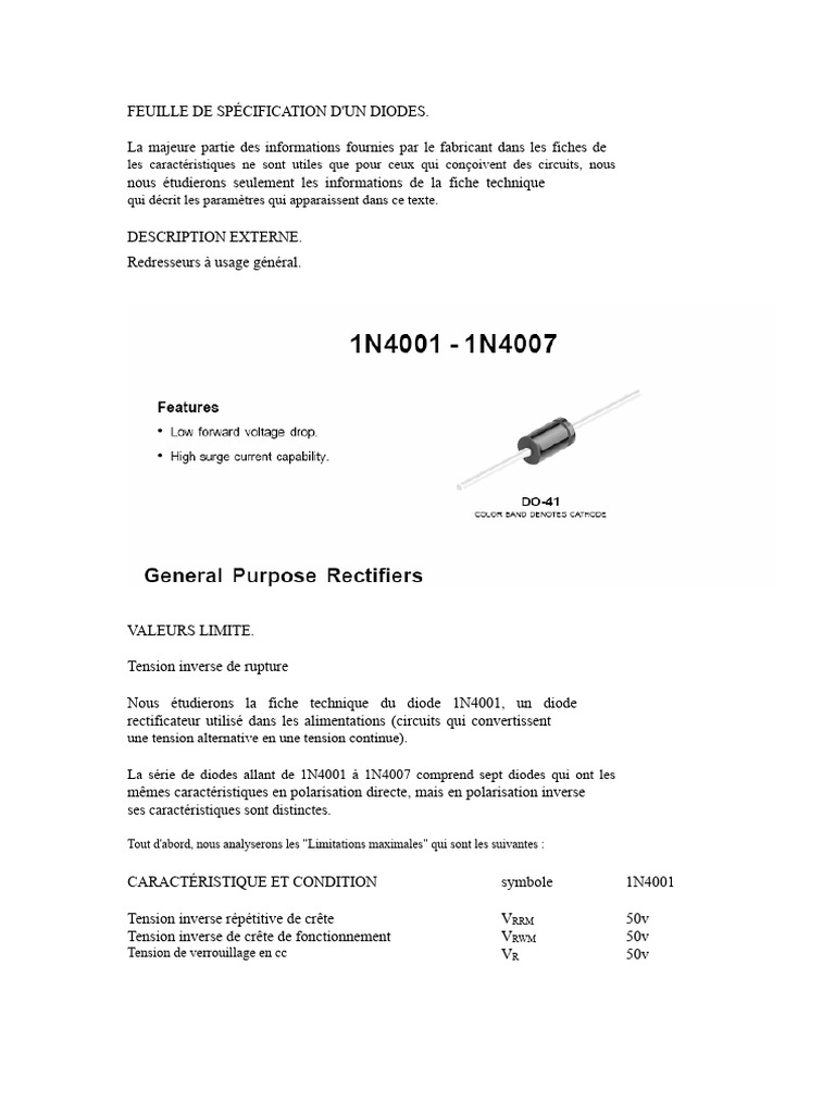 Spécifications techniques de la diode 1N4001 | PDF | Diode | Redresseur