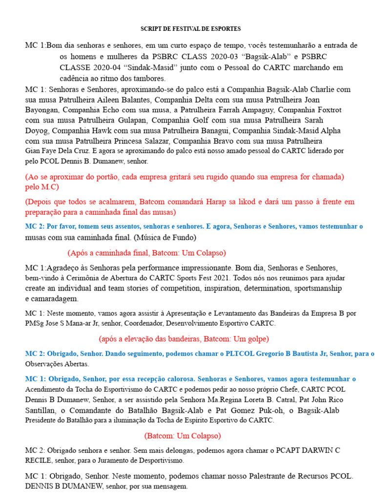 Script Do Festival de Esportes | PDF