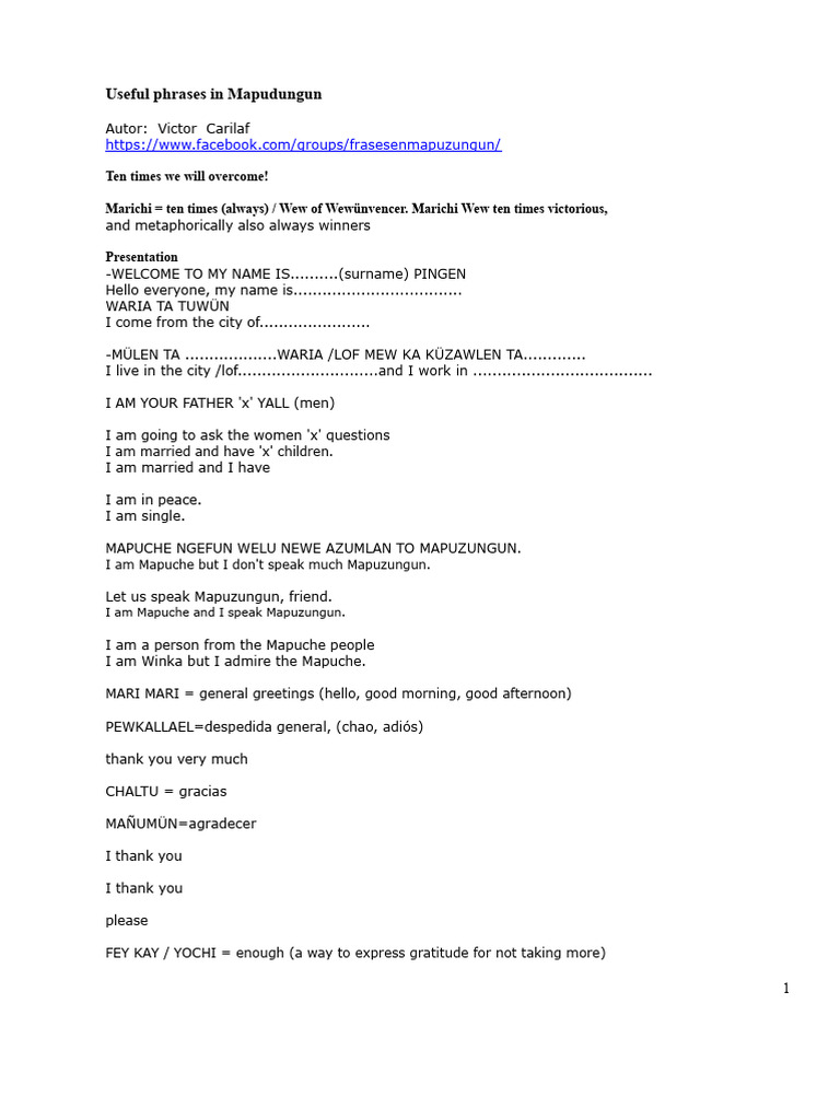 Essential Mapudungun Phrases Guide | PDF | Yarn