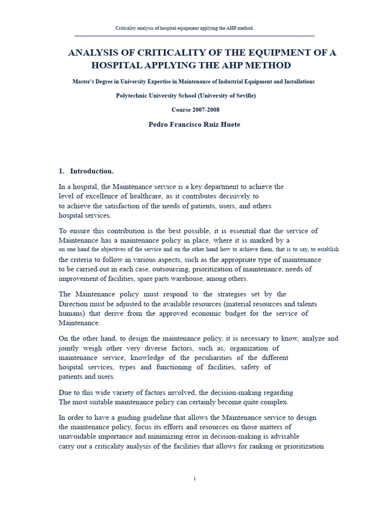 Hospital Criticality Analysis AHP | PDF