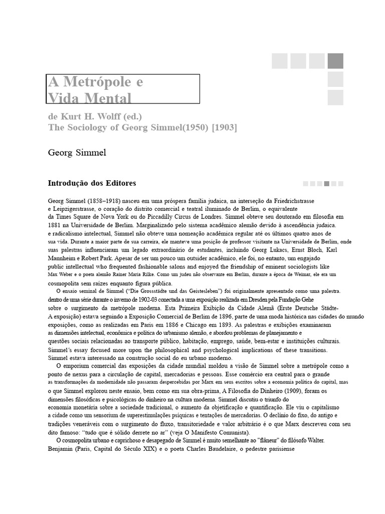Simmel, Georg. 2005 (1905) - "A Metrópole e A Vida Mental" | PDF ...