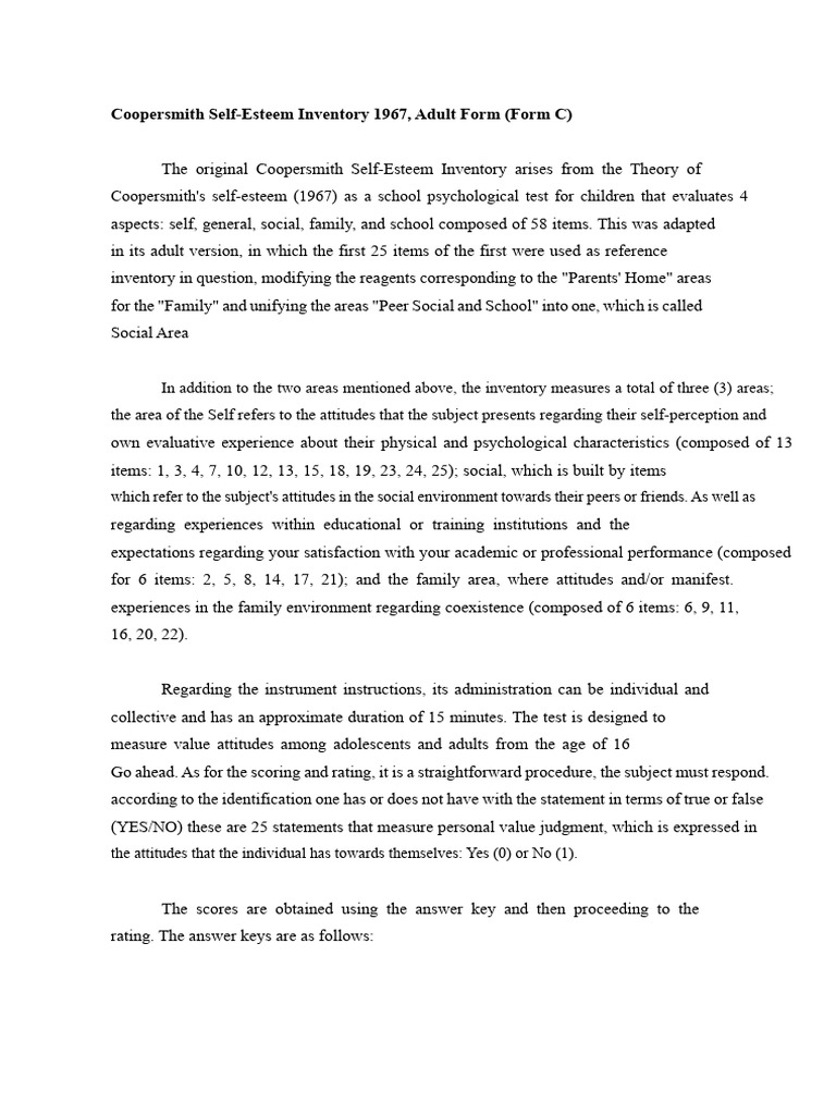 Coopersmith Self-Esteem Inventory Adult Form | PDF | Self Esteem | Self ...
