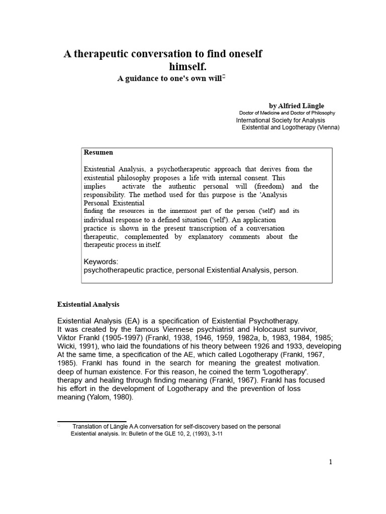 Existential Analysis for Self-Discovery | PDF | Psychotherapy | Experience