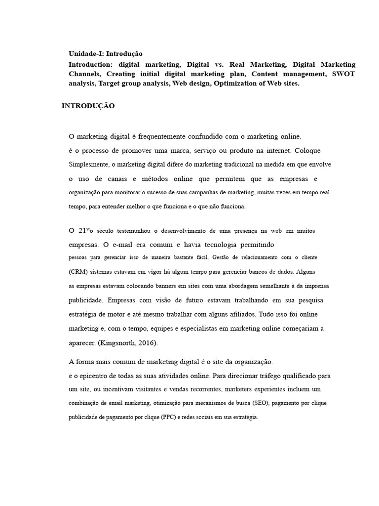 Introdução ao Marketing Digital e Evolução | PDF | Marketing | Análise SWOT