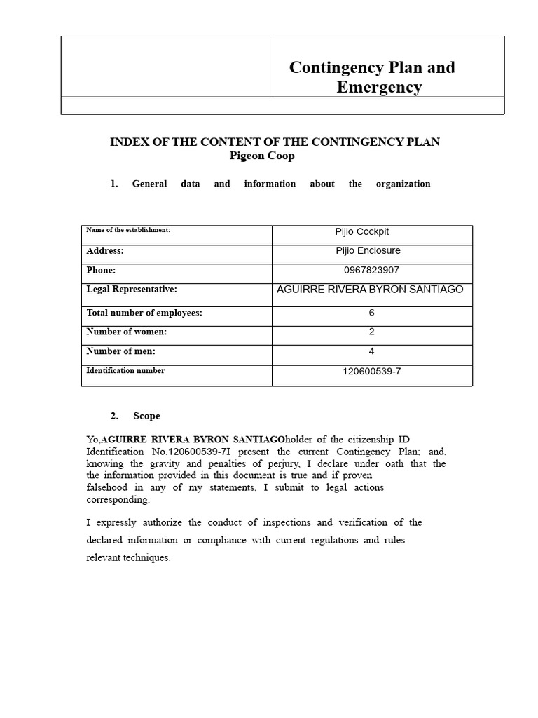 Emergency Contingency Plan for Pijio Cockpit | PDF | First Aid | Safety