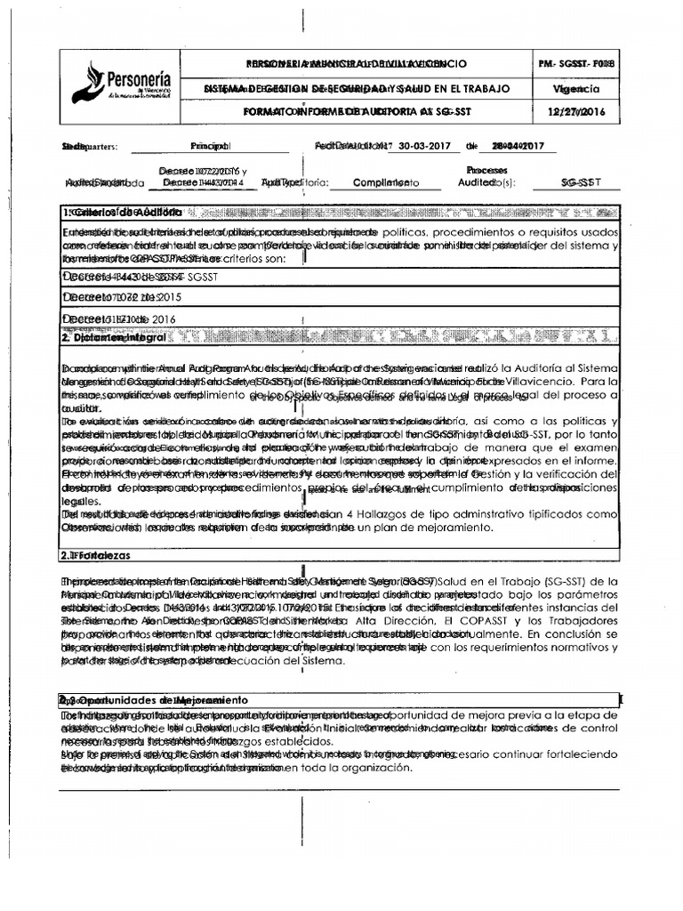 Villavicencio SG-SST Audit Report 2017 | PDF | Audit | Occupational ...