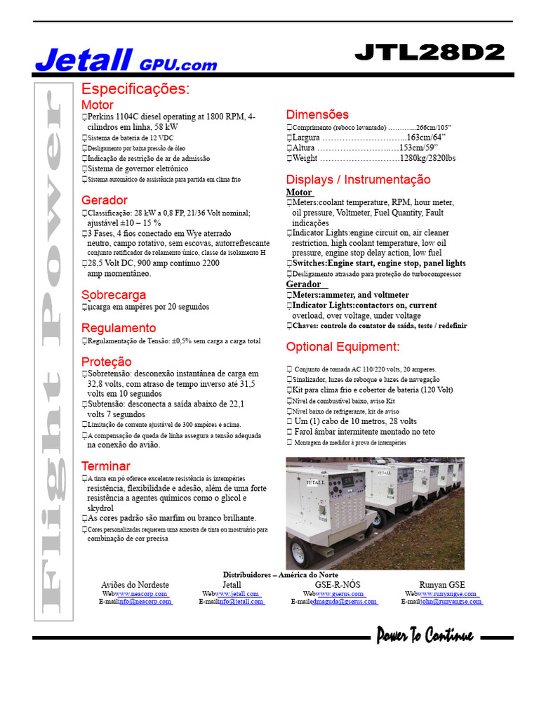 Especificações do Gerador Jetall GPU | PDF | Volt (tensão elétrica ...