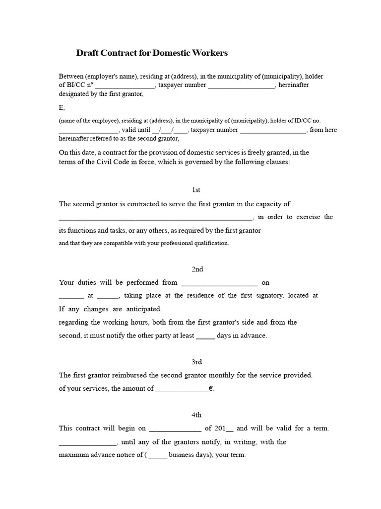 Domestic Worker Contract Template | PDF | Employment | Private Law