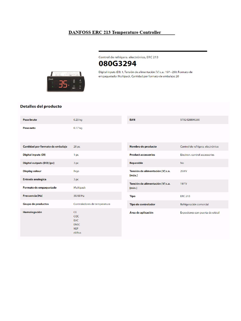 Danfoss Erc 213 Temperature Controller | PDF