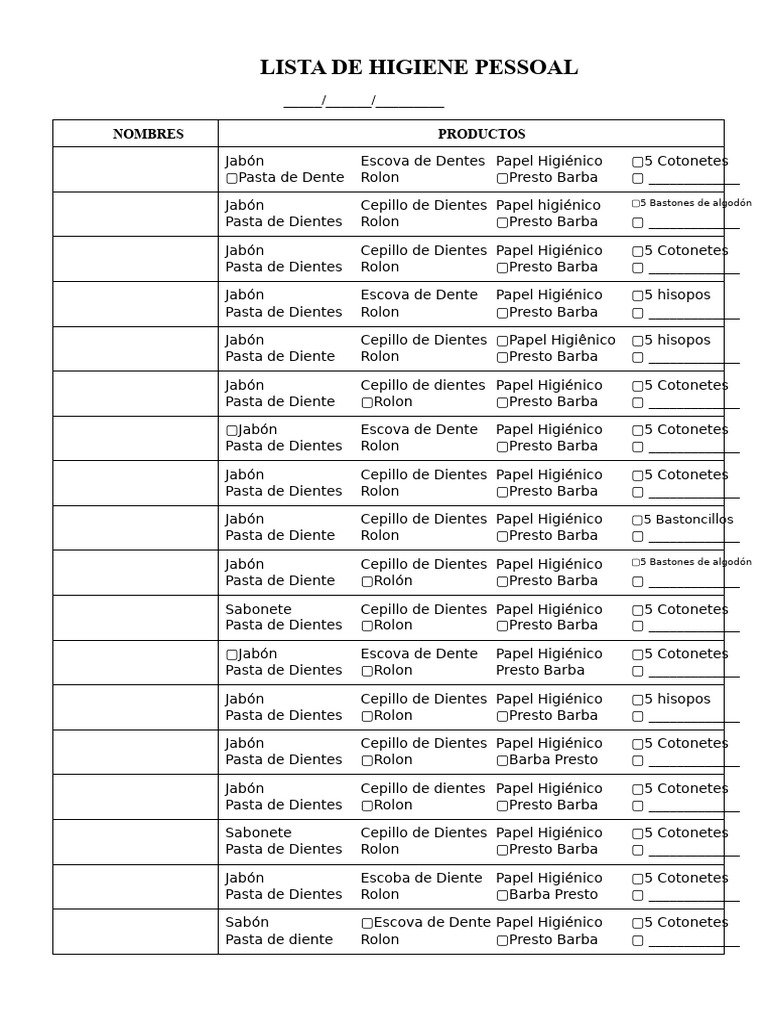 Lista de Productos de Higiene Personal | PDF | Productos de higiene ...
